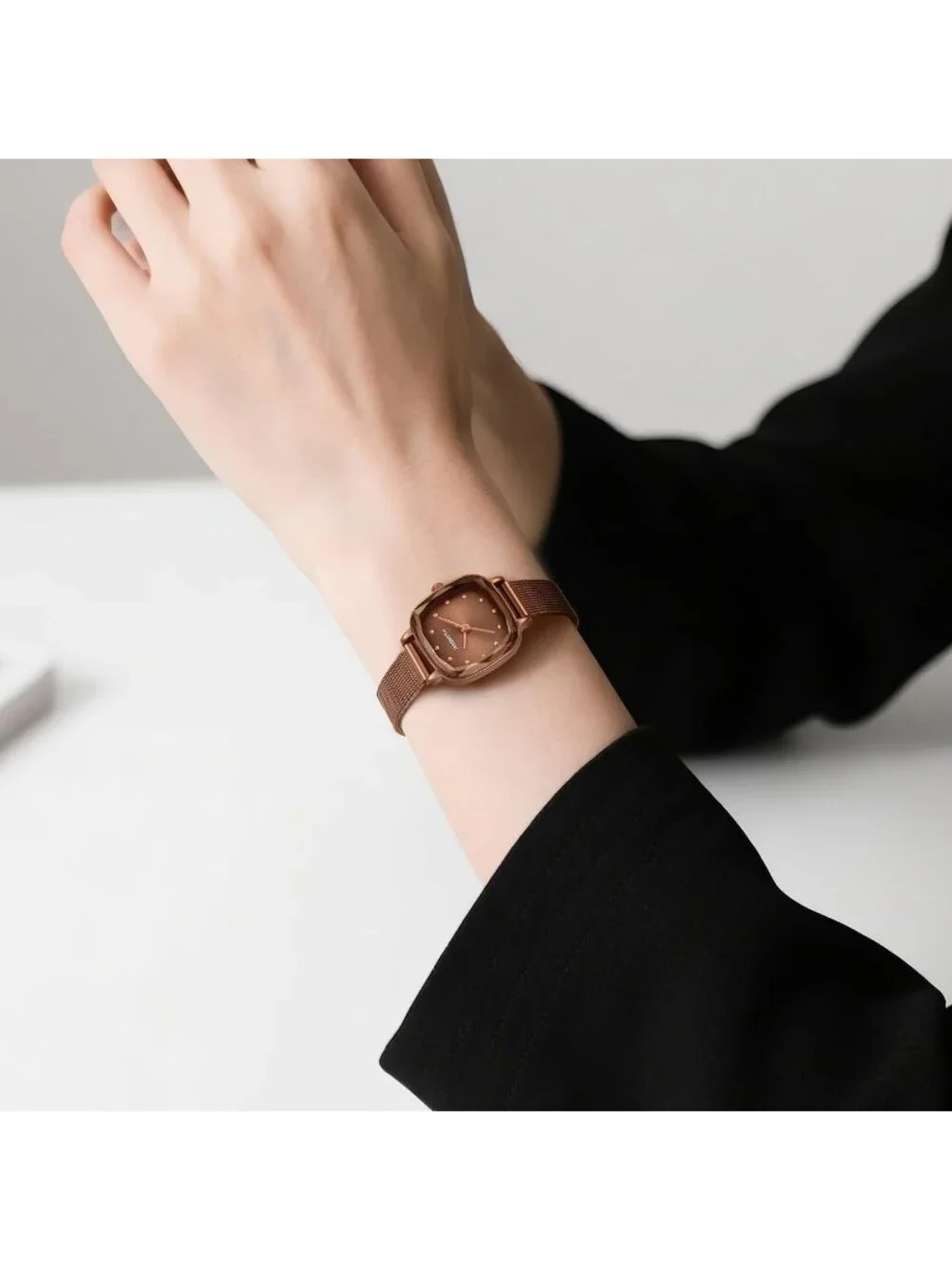 Women's Coffee Gold Square Minimalist Dial Mesh Band Crystal Case Wrist Watch